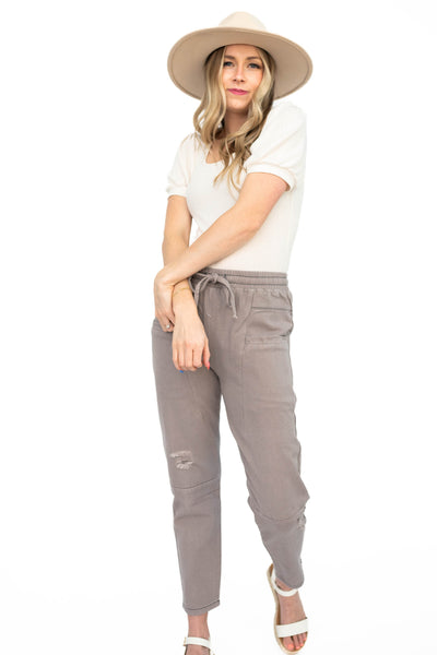 Dusty lilac pants that tie at the waist