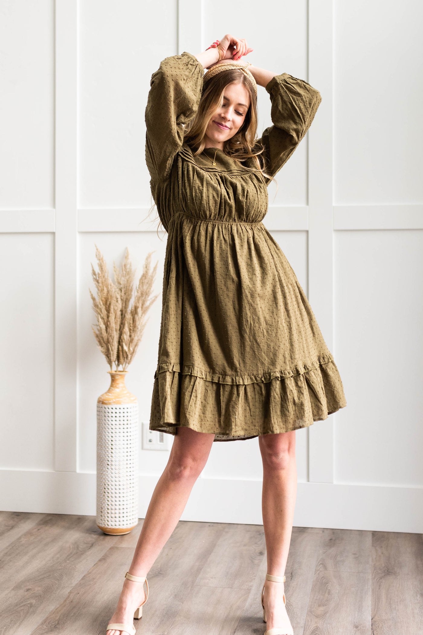 Knee length long sleeve olive dress