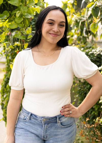 Large short sleeve ivory bodysuit with scoop neck