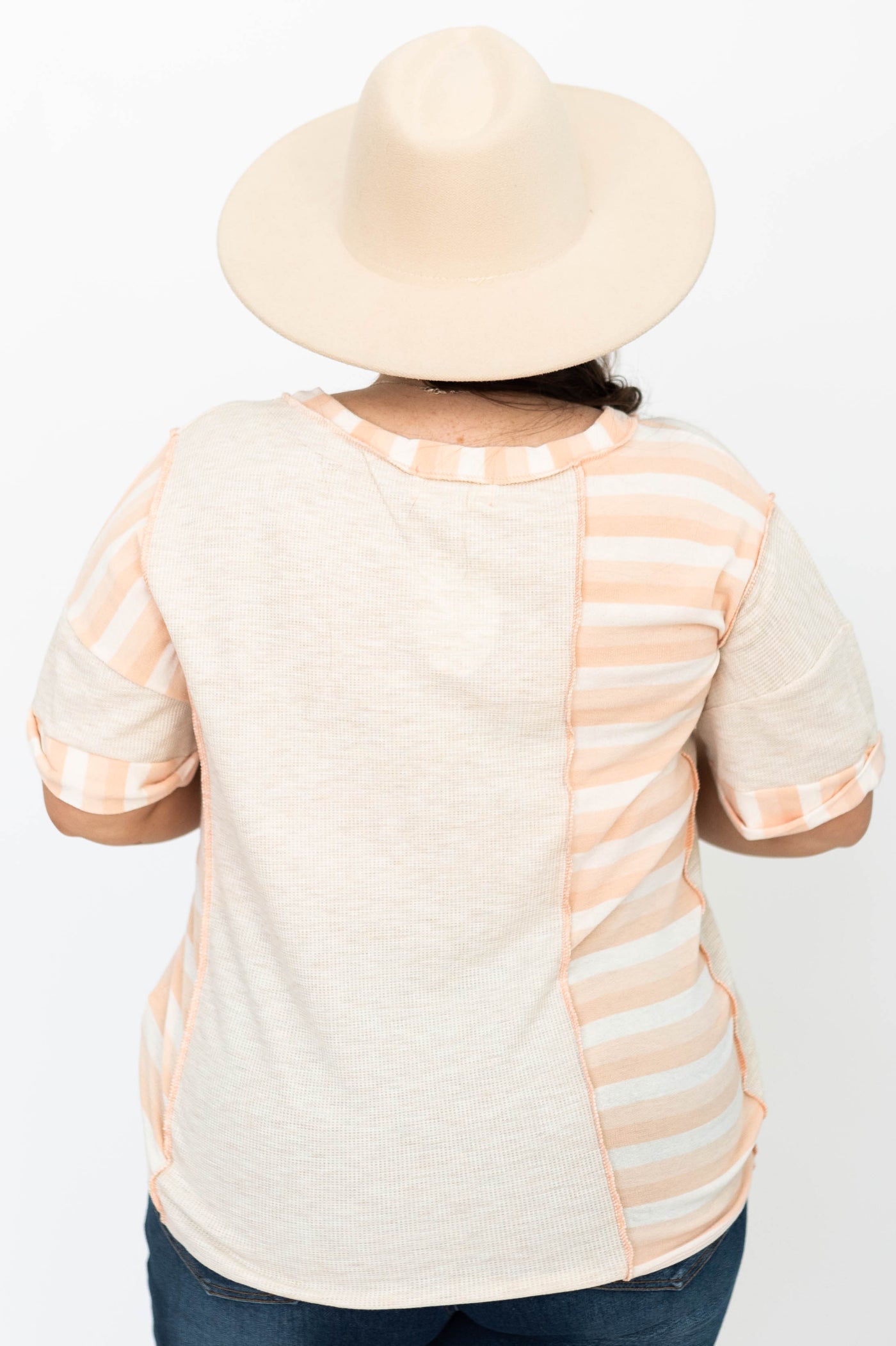 Back view of a plus size oatmeal top