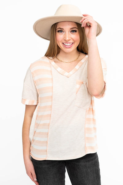 V-neck short sleeve oatmeal top
