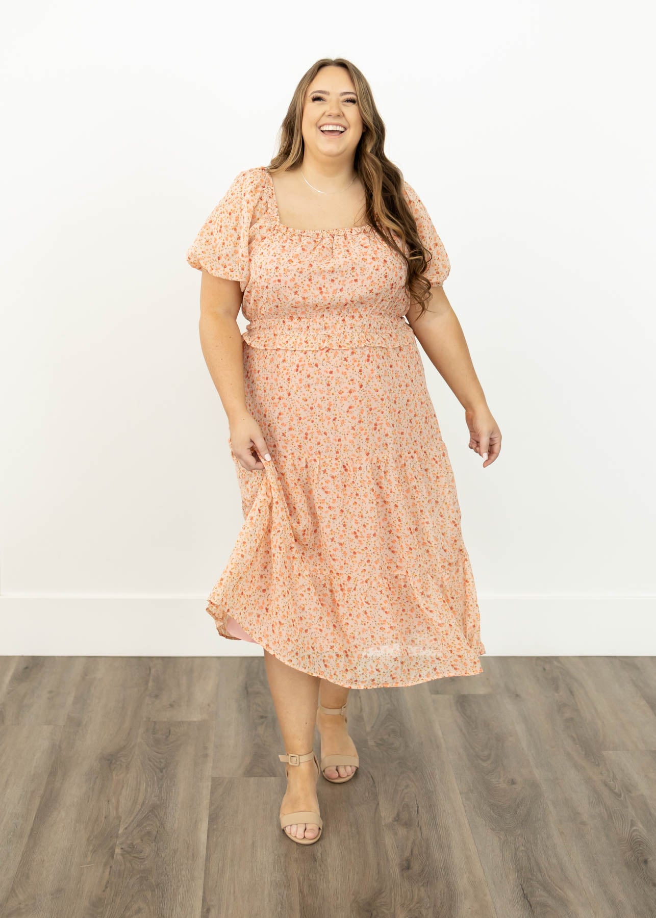 Square neck short sleeve salmon floral dress