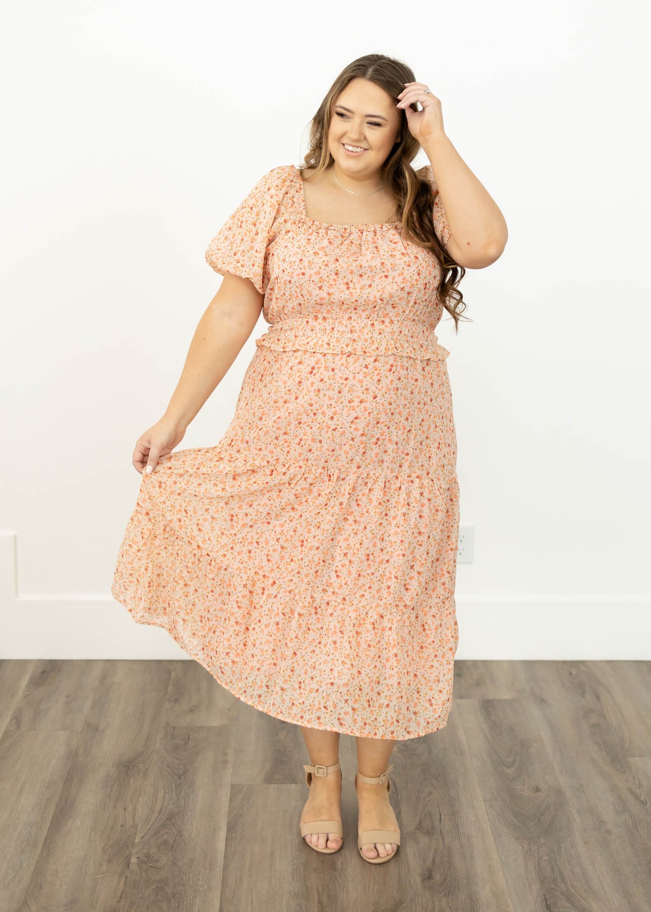 Short sleeve plus size salmon floral dress