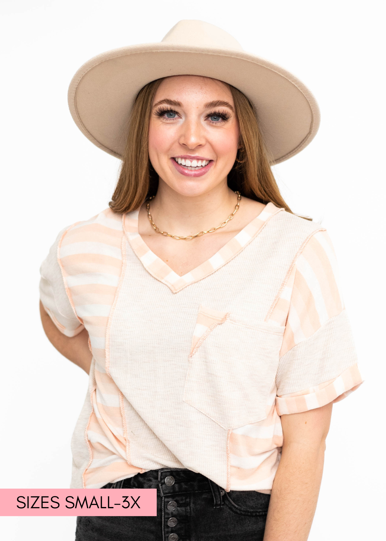 Short sleeve oatmeal top with peach stripe trim